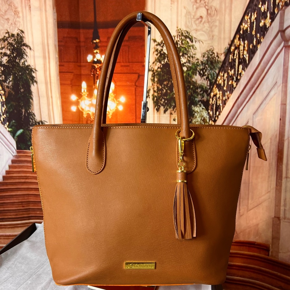 Joy & Iman 100% Leather Large Tassel Tote Bag with small cosmetic mirror